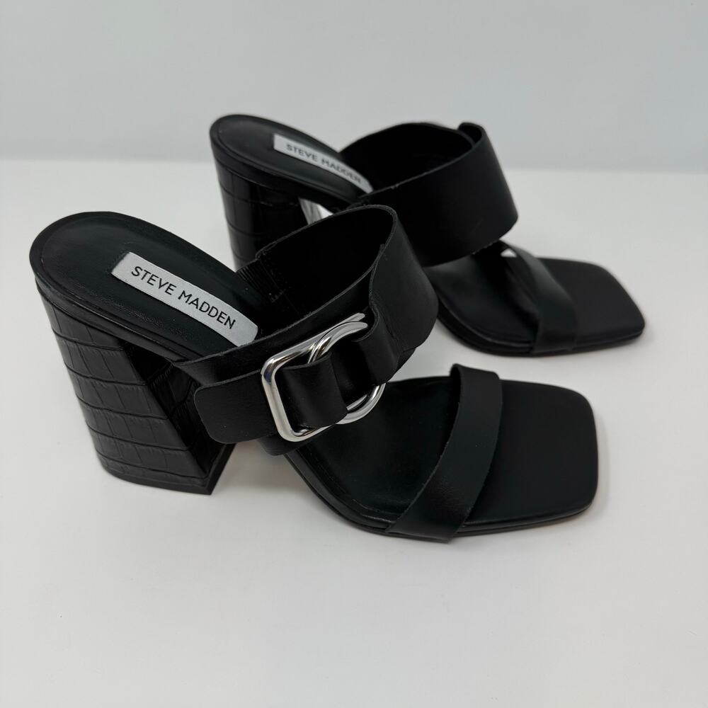 Steve Madden Sandals Women's 8.5 Leda Black Croc Embossed Leather Block Heel - Picture 10 of 15